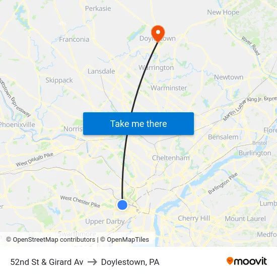 52nd St & Girard Av to Doylestown, PA map