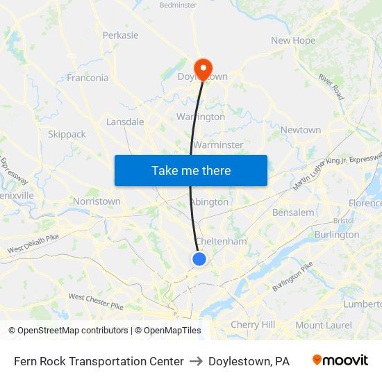 Fern Rock Transportation Center to Doylestown, PA map