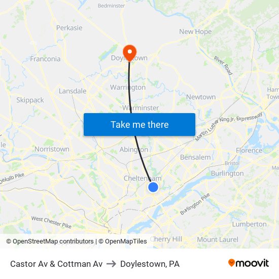 Castor Av & Cottman Av to Doylestown, PA map