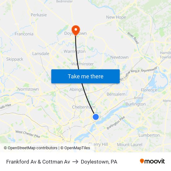 Frankford Av & Cottman Av to Doylestown, PA map