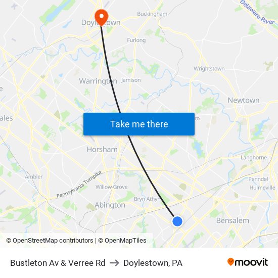 Bustleton Av & Verree Rd to Doylestown, PA map