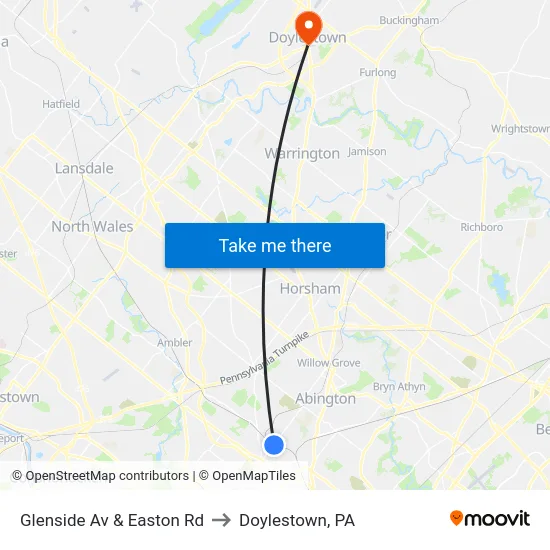 Glenside Av & Easton Rd to Doylestown, PA map