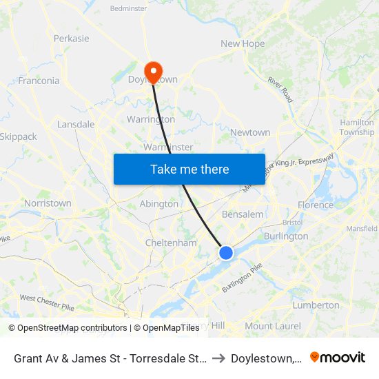Grant Av & James St - Torresdale Station to Doylestown, PA map