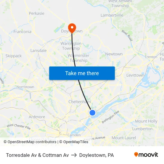 Torresdale Av & Cottman Av to Doylestown, PA map