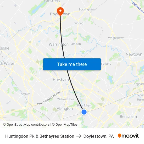 Huntingdon Pk & Bethayres Station to Doylestown, PA map
