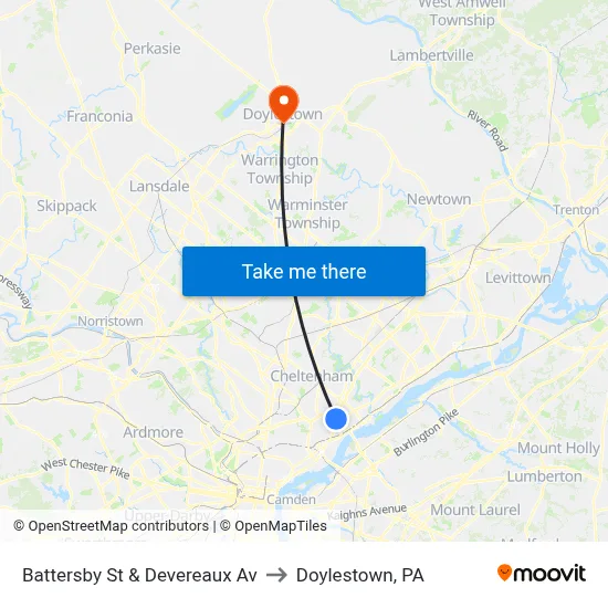 Battersby St & Devereaux Av to Doylestown, PA map