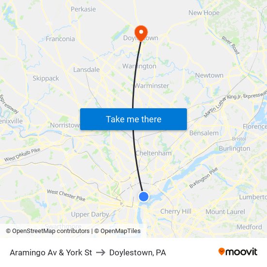 Aramingo Av & York St to Doylestown, PA map