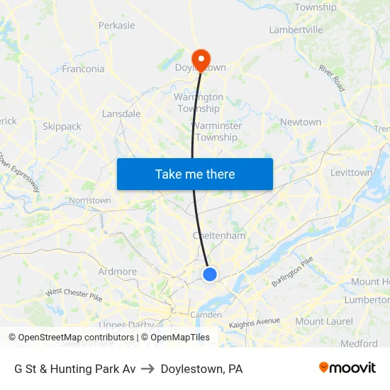 G St & Hunting Park Av to Doylestown, PA map
