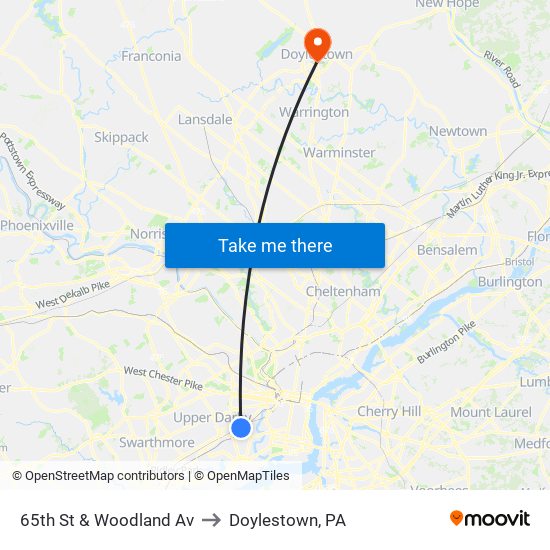 65th St & Woodland Av to Doylestown, PA map