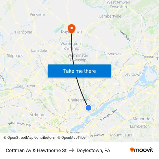 Cottman Av & Hawthorne St to Doylestown, PA map