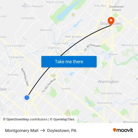 Montgomery Mall to Doylestown, PA map