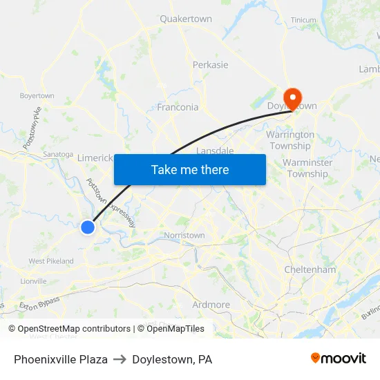 Phoenixville Plaza to Doylestown, PA map