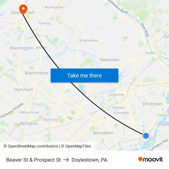 Beaver St & Prospect St to Doylestown, PA map