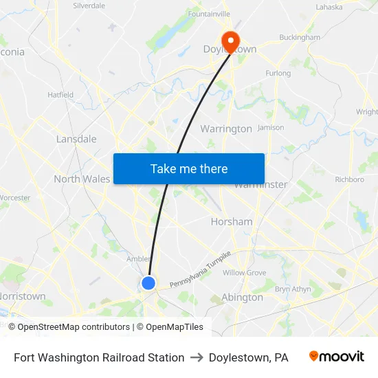 Fort Washington Railroad Station to Doylestown, PA map