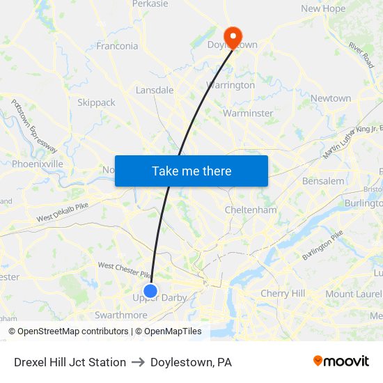 Drexel Hill Jct Station to Doylestown, PA map