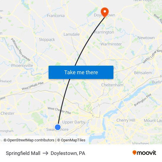 Springfield Mall to Doylestown, PA map