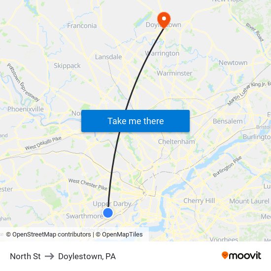 North St to Doylestown, PA map