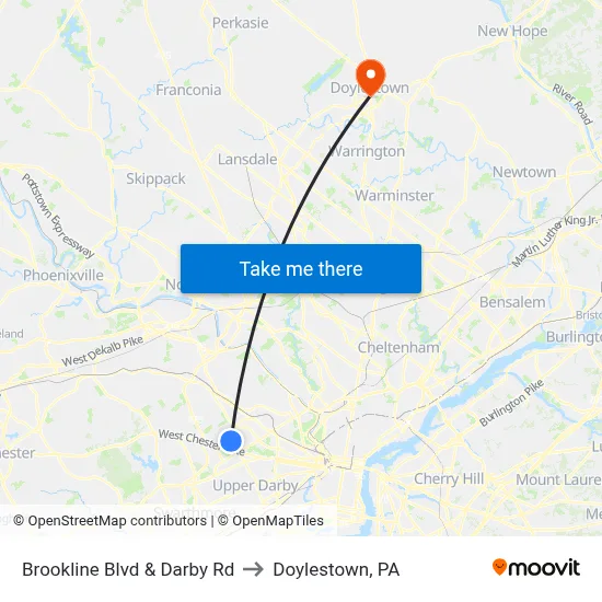 Brookline Blvd & Darby Rd to Doylestown, PA map