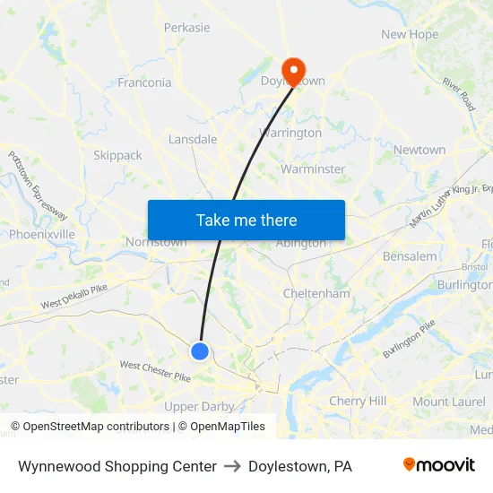 Wynnewood Shopping Center to Doylestown, PA map