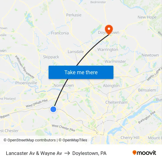 Lancaster Av & Wayne Av to Doylestown, PA map