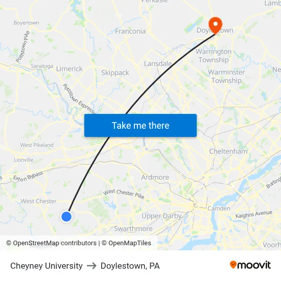 Cheyney University to Doylestown, PA map