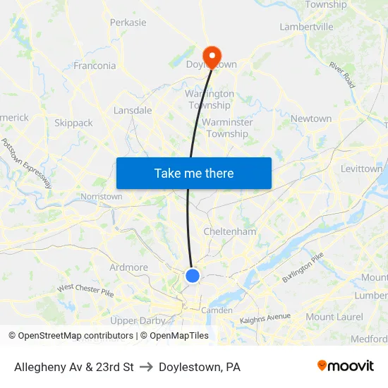 Allegheny Av & 23rd St to Doylestown, PA map