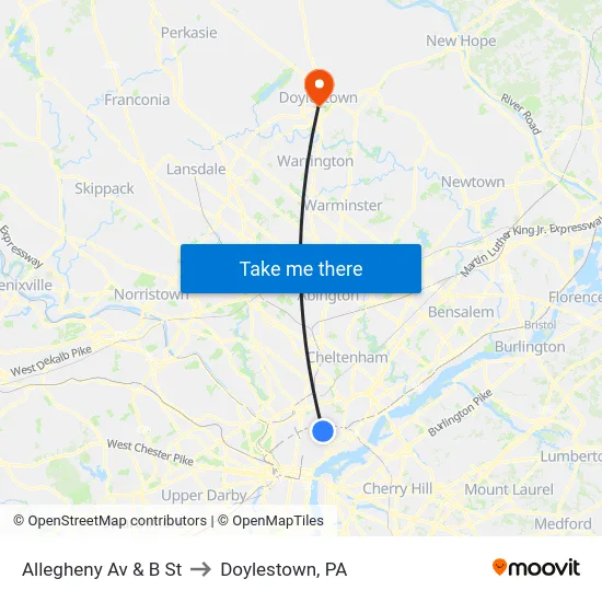 Allegheny Av & B St to Doylestown, PA map
