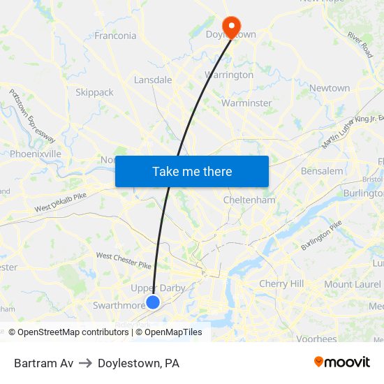 Bartram Av to Doylestown, PA map