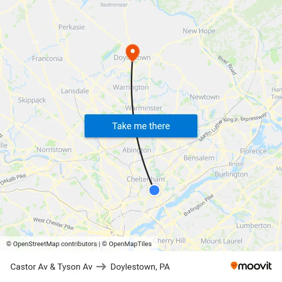 Castor Av & Tyson Av to Doylestown, PA map