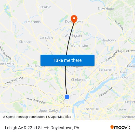 Lehigh Av & 22nd St to Doylestown, PA map