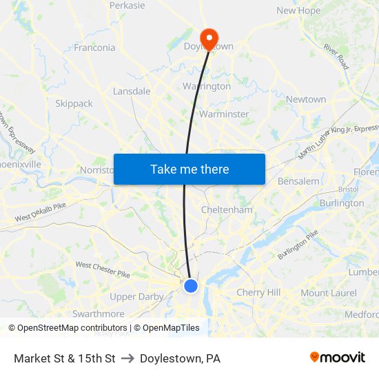 Market St & 15th St to Doylestown, PA map