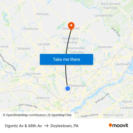 Ogontz Av & 68th Av to Doylestown, PA map