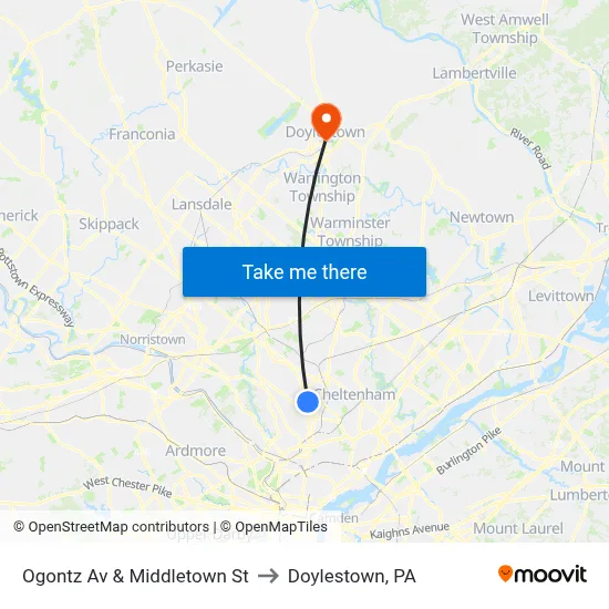 Ogontz Av & Middletown St to Doylestown, PA map
