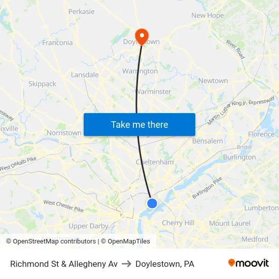 Richmond St & Allegheny Av to Doylestown, PA map