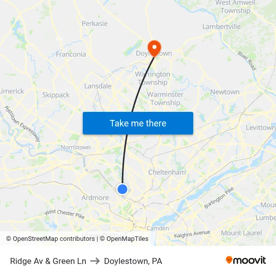 Ridge Av & Green Ln to Doylestown, PA map