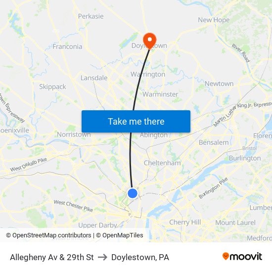 Allegheny Av & 29th St to Doylestown, PA map