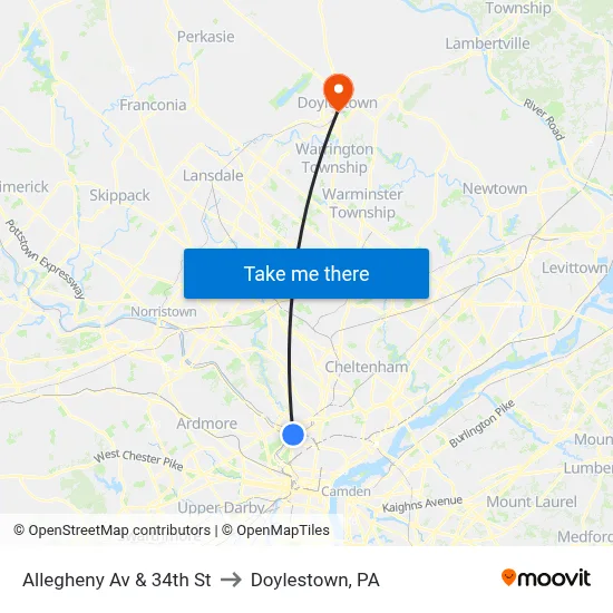 Allegheny Av & 34th St to Doylestown, PA map