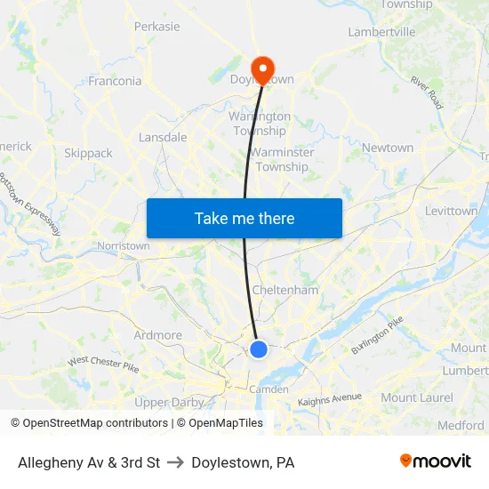Allegheny Av & 3rd St to Doylestown, PA map