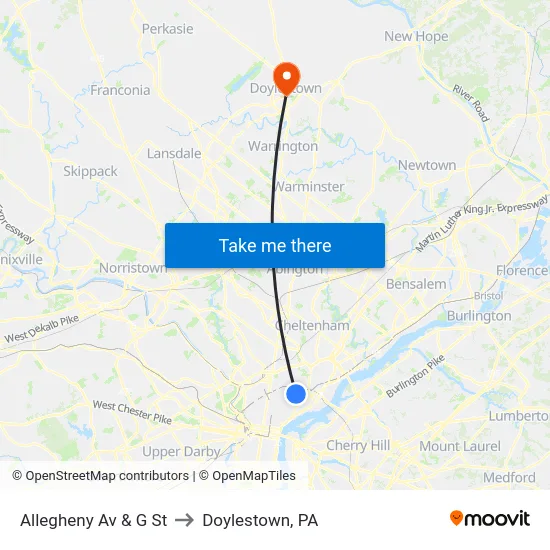 Allegheny Av & G St to Doylestown, PA map