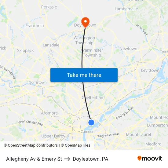 Allegheny Av & Emery St to Doylestown, PA map