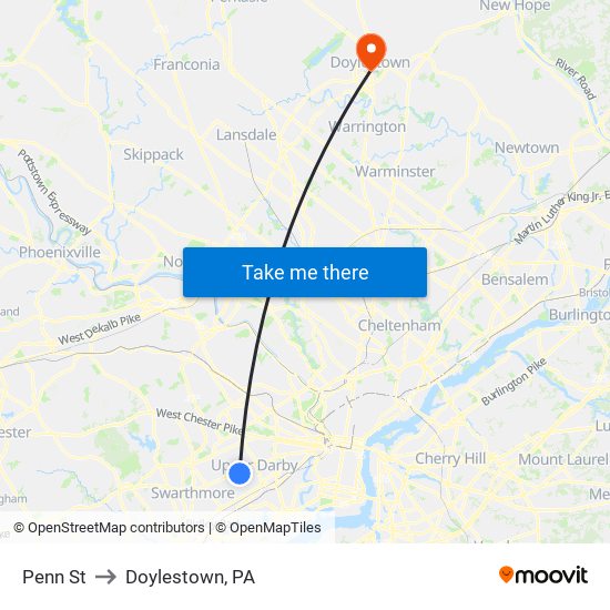 Penn St to Doylestown, PA map