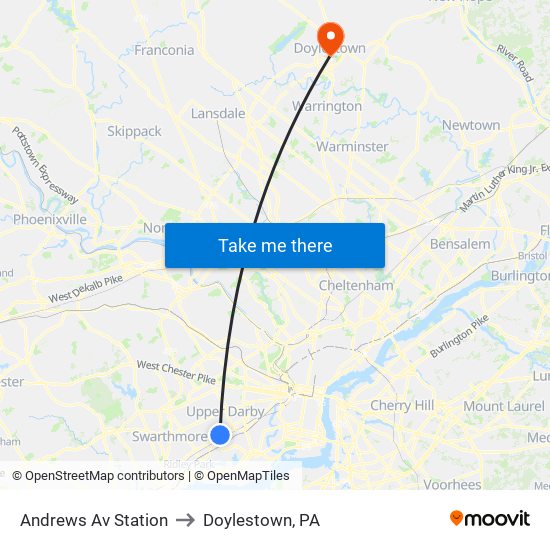 Andrews Av Station to Doylestown, PA map