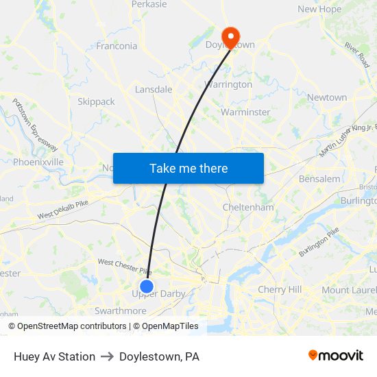 Huey Av Station to Doylestown, PA map