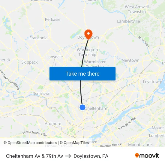 Cheltenham Av & 79th Av to Doylestown, PA map