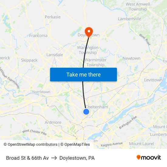 Broad St & 66th Av to Doylestown, PA map