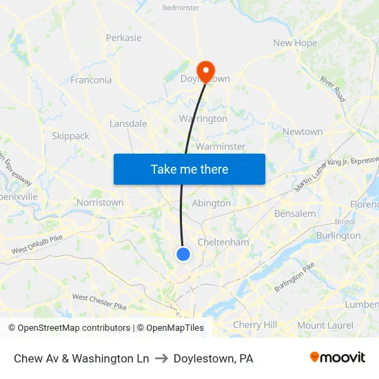 Chew Av & Washington Ln to Doylestown, PA map