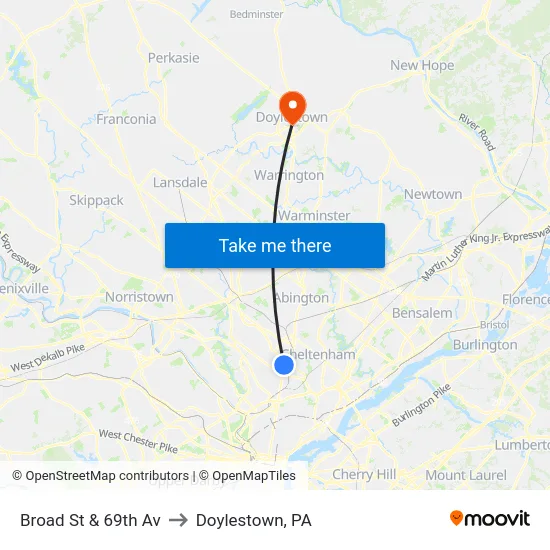 Broad St & 69th Av to Doylestown, PA map