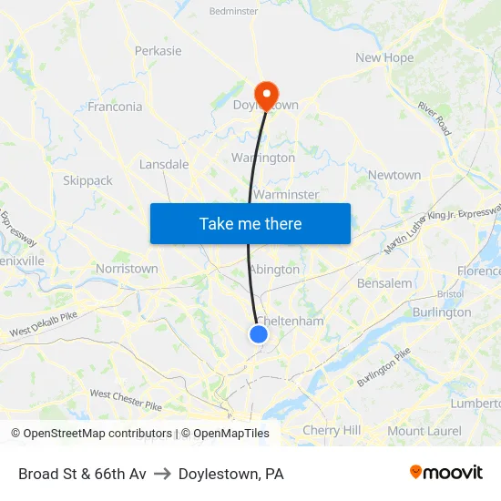 Broad St & 66th Av to Doylestown, PA map