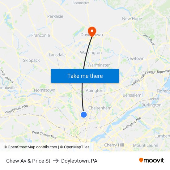 Chew Av & Price St to Doylestown, PA map