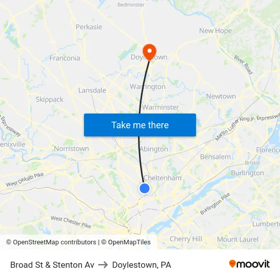Broad St & Stenton Av to Doylestown, PA map
